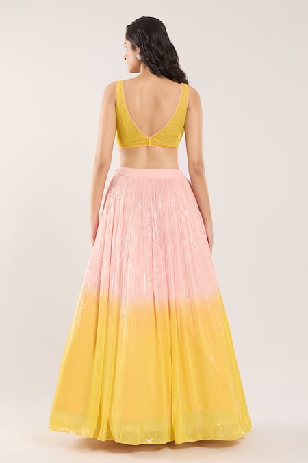 Shop_Samyukta Singhania_Pink Sequins, Mirrors, Embroidery V-neck Ombre Lehenga Set _at_Aza_Fashions