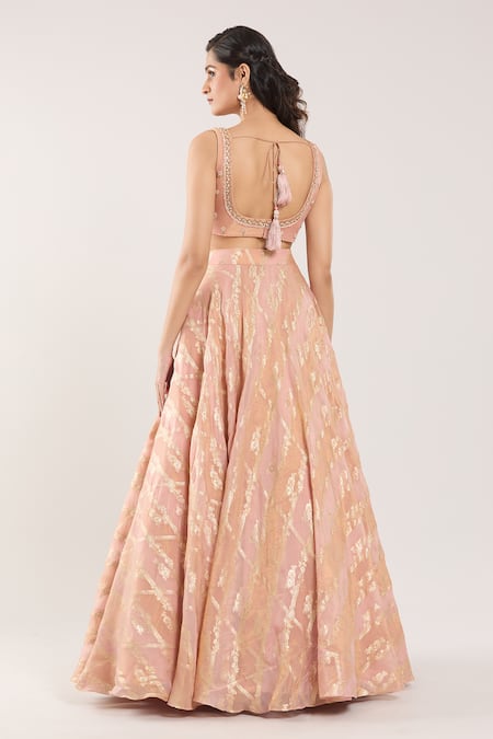 Shop_Samyukta Singhania_Peach Silk Embroidery, Beads, Sequins, Cut Floral And Paisley Motif Lehenga Set _at_Aza_Fashions