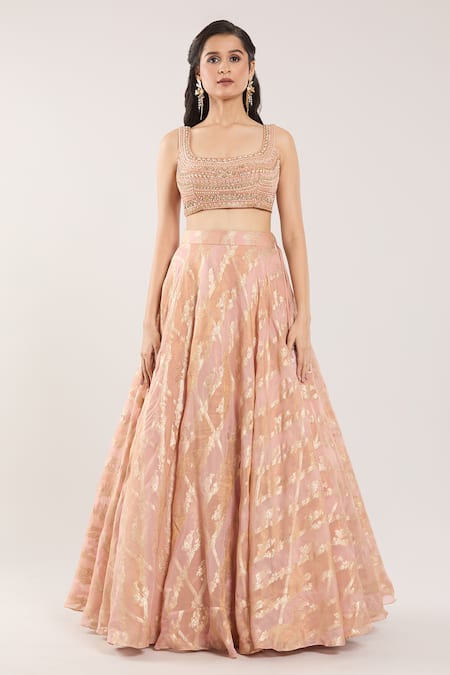 Samyukta Singhania_Peach Silk Embroidery, Beads, Sequins, Cut Floral And Paisley Motif Lehenga Set _Online_at_Aza_Fashions