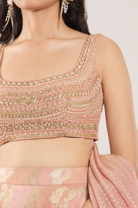 Buy_Samyukta Singhania_Peach Silk Embroidery, Beads, Sequins, Cut Floral And Paisley Motif Lehenga Set _Online_at_Aza_Fashions