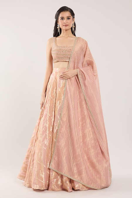 Shop_Samyukta Singhania_Peach Silk Embroidery, Beads, Sequins, Cut Floral And Paisley Motif Lehenga Set _Online_at_Aza_Fashions