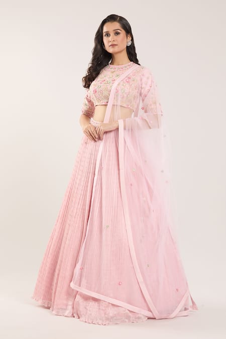 Buy_Samyukta Singhania_Pink Chiffon Beads, Sequins, Embroidery Round Neck Floral Baby Lehenga Set _Online_at_Aza_Fashions