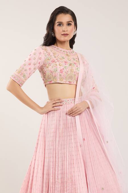 Samyukta Singhania_Pink Chiffon Beads, Sequins, Embroidery Round Neck Floral Baby Lehenga Set _at_Aza_Fashions