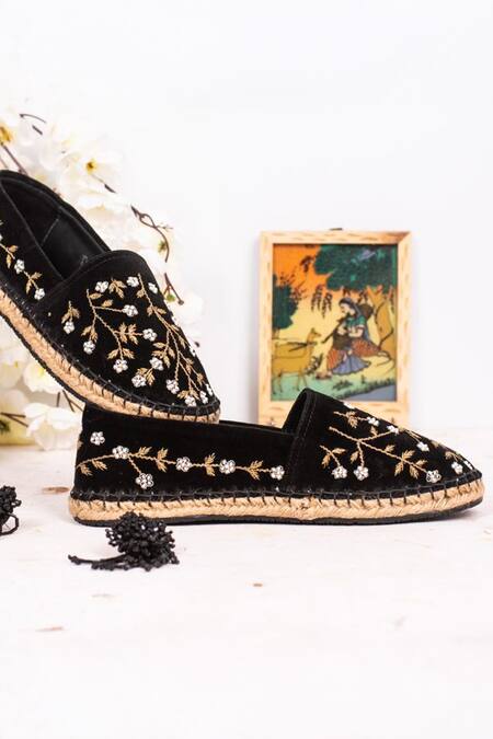 Shop Kasually Klassy Black Floral Embroidered Velvet Sneakers at Aza Fashions Shop_Kasually Klassy_Black Floral Embroidered Velvet Sneakers_at_Aza_Fashions
