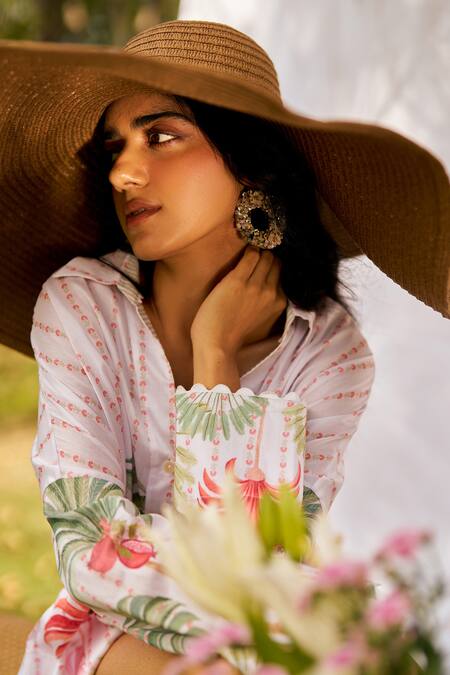 Moh India_Ivory Chanderi Silk, Cotton Embroidery V-neck Plume And Palms Oversized Shirt _Online_at_Aza_Fashions