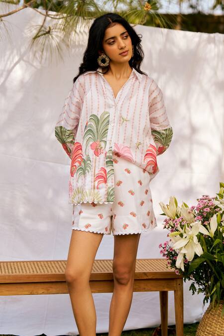 Buy_Moh India_Ivory Chanderi Silk, Cotton Embroidery V-neck Plume And Palms Oversized Shirt _Online_at_Aza_Fashions