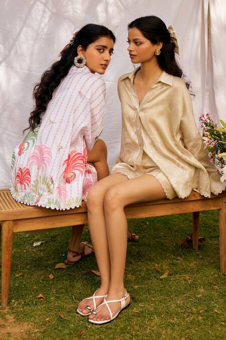 Shop_Moh India_Ivory Chanderi Silk, Cotton Embroidery V-neck Plume And Palms Oversized Shirt _Online_at_Aza_Fashions