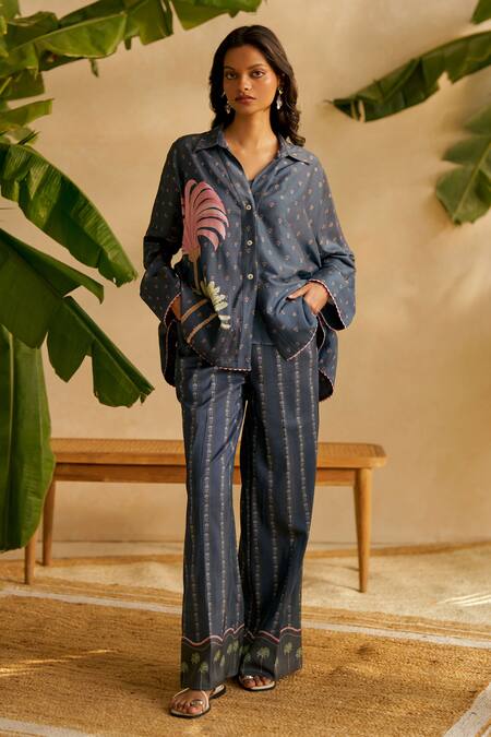 Moh India Navy Chanderi Silk Embroidery Collared Midnight Pampas Palms Oversized Shirt Online at Aza Fashions Moh India_Navy Chanderi Silk Embroidery Collared Midnight Pampas Palms Oversized Shirt _Online_at_Aza_Fashions