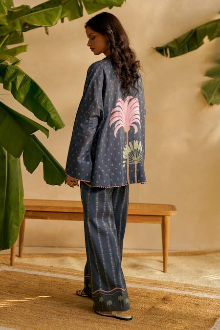 Shop Moh India Navy Chanderi Silk Embroidery Collared Midnight Pampas Palms Oversized Shirt at Aza Fashions Shop_Moh India_Navy Chanderi Silk Embroidery Collared Midnight Pampas Palms Oversized Shirt _at_Aza_Fashions