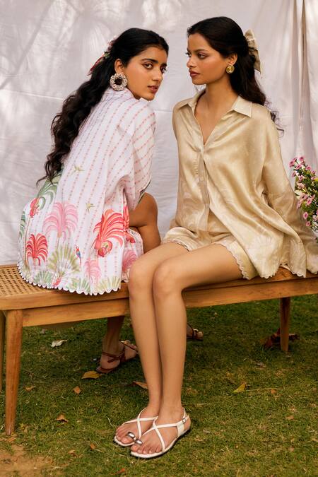 Moh India Ivory Silk, Cotton, Embroidery Plume And Palms Co-ord Set Online at Aza Fashions Moh India_Ivory Silk, Cotton, Embroidery Plume And Palms Co-ord Set _Online_at_Aza_Fashions