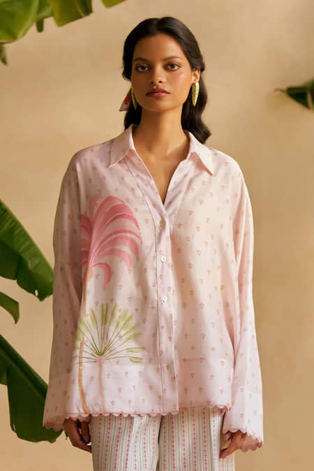 Moh India Pink Chanderi Embroidery Collared Floral Print Co-ord Set Online at Aza Fashions Moh India_Pink Chanderi Embroidery Collared Floral Print Co-ord Set _Online_at_Aza_Fashions