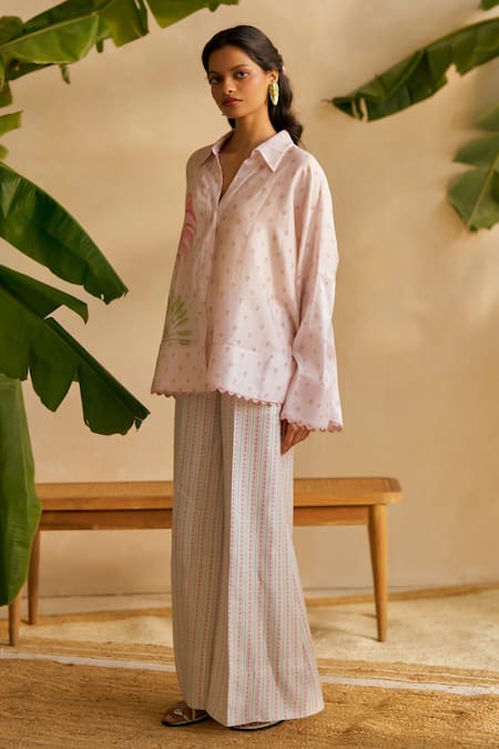 Buy Moh India Pink Chanderi Embroidery Collared Floral Print Co-ord Set Online at Aza Fashions Buy_Moh India_Pink Chanderi Embroidery Collared Floral Print Co-ord Set _Online_at_Aza_Fashions