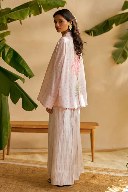 Buy Moh India Pink Chanderi Embroidery Collared Floral Print Co-ord Set Buy_Moh India_Pink Chanderi Embroidery Collared Floral Print Co-ord Set