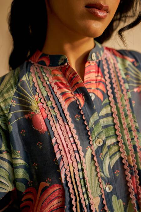 Moh India Blue Chanderi, Cotton Embroidery Collared Midnight Floral Print Co-ord Set Online at Aza Fashions Moh India_Blue Chanderi, Cotton Embroidery Collared Midnight Floral Print Co-ord Set _Online_at_Aza_Fashions