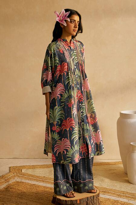 Buy Moh India Blue Chanderi, Cotton Embroidery Collared Midnight Floral Print Co-ord Set Online at Aza Fashions Buy_Moh India_Blue Chanderi, Cotton Embroidery Collared Midnight Floral Print Co-ord Set _Online_at_Aza_Fashions