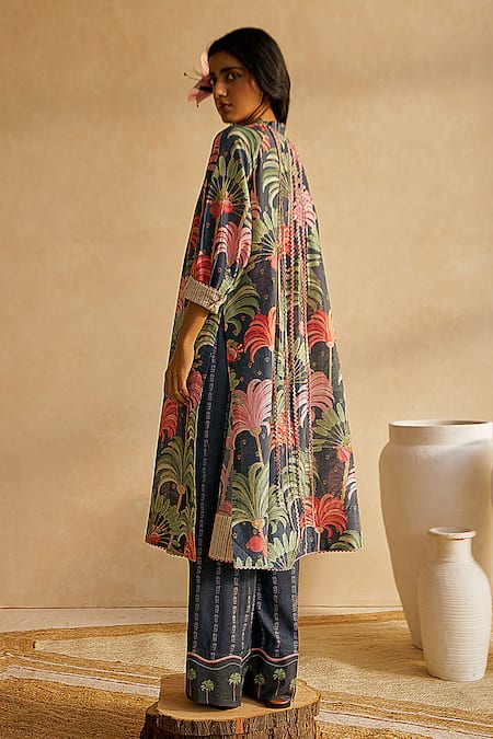 Shop Moh India Blue Chanderi, Cotton Embroidery Collared Midnight Floral Print Co-ord Set at Aza Fashions Shop_Moh India_Blue Chanderi, Cotton Embroidery Collared Midnight Floral Print Co-ord Set _at_Aza_Fashions