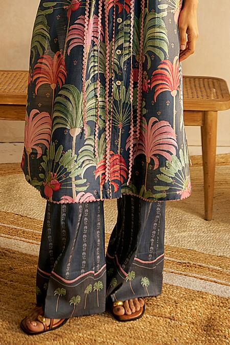 Shop Moh India Blue Chanderi, Cotton Embroidery Collared Midnight Floral Print Co-ord Set Online at Aza Fashions Shop_Moh India_Blue Chanderi, Cotton Embroidery Collared Midnight Floral Print Co-ord Set _Online_at_Aza_Fashions