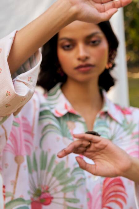 Moh India_Ivory Linen Collared Floral Print Oversized Shirt Dress _Online_at_Aza_Fashions