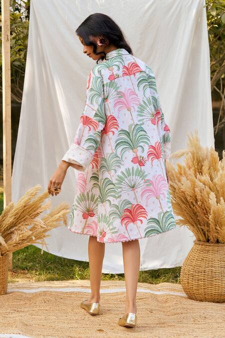 Shop_Moh India_Ivory Linen Collared Floral Print Oversized Shirt Dress _at_Aza_Fashions