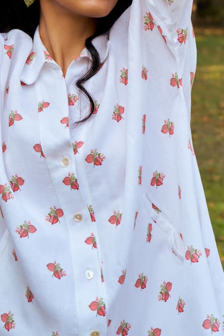 Moh India_Ivory Linen Embroidery Collared Oversized Shirt Dress _Online_at_Aza_Fashions