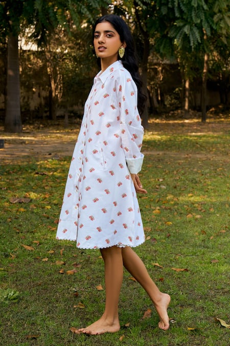 Buy_Moh India_Ivory Linen Embroidery Collared Oversized Shirt Dress _Online_at_Aza_Fashions