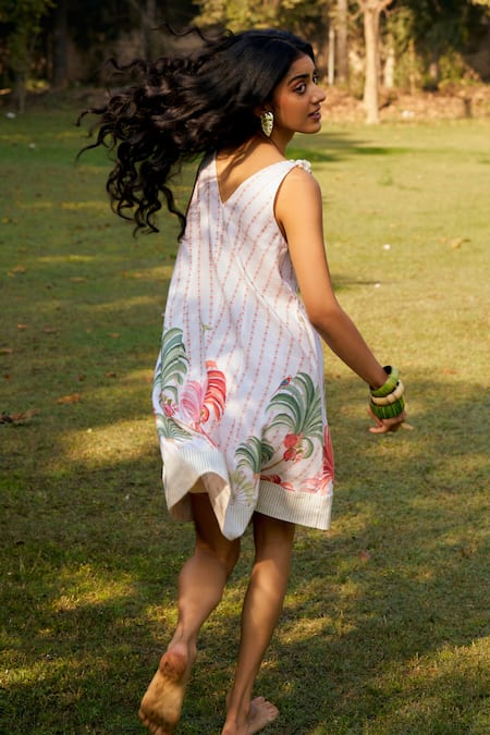 Shop Moh India Ivory Linen, Cotton V-neck Sleeveless Dress at Aza Fashions Shop_Moh India_Ivory Linen, Cotton V-neck Sleeveless Dress _at_Aza_Fashions