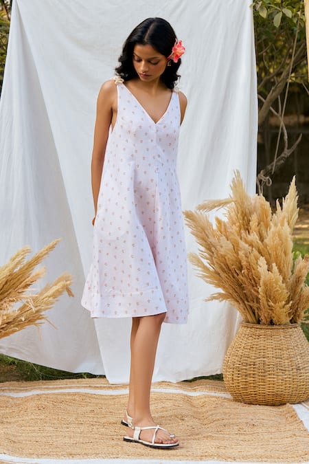 Shop Moh India Ivory Linen V-neck Chic Sleeveless Midi Dress at Aza Fashions Shop_Moh India_Ivory Linen V-neck Chic Sleeveless Midi Dress _at_Aza_Fashions