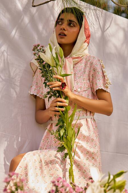 Buy_Moh India_Pink Linen Collared Dusty Rose Midi Shirt Dress _Online_at_Aza_Fashions