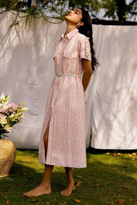 Shop_Moh India_Pink Linen Collared Dusty Rose Midi Shirt Dress _Online_at_Aza_Fashions