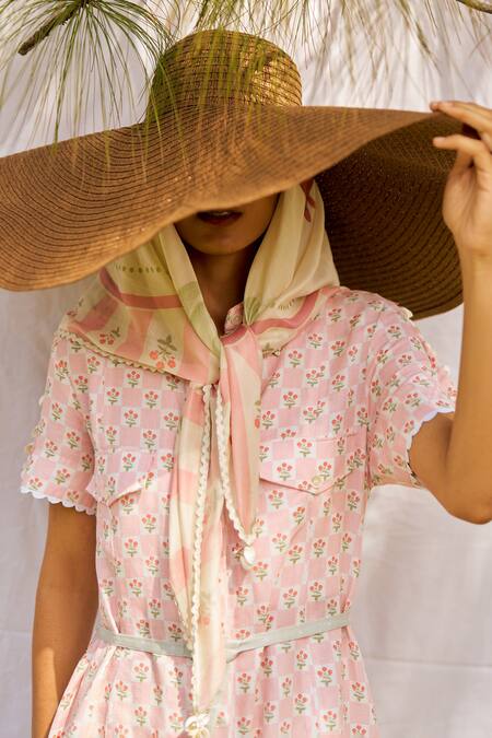 Moh India_Pink Linen Collared Dusty Rose Midi Shirt Dress _at_Aza_Fashions