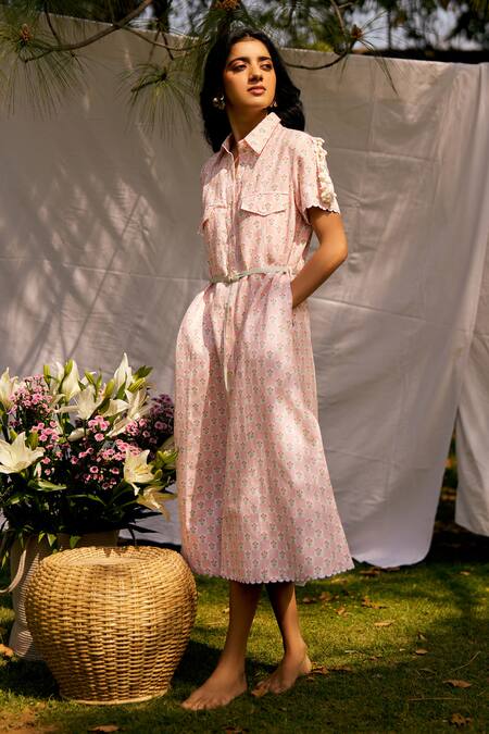 Buy_Moh India_Pink Linen Collared Dusty Rose Midi Shirt Dress 