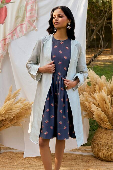 Moh India Blue Chanderi, Cotton Embroidery Round Neck Midnight Long Shirt Dress Online at Aza Fashions Moh India_Blue Chanderi, Cotton Embroidery Round Neck Midnight Long Shirt Dress _Online_at_Aza_Fashions