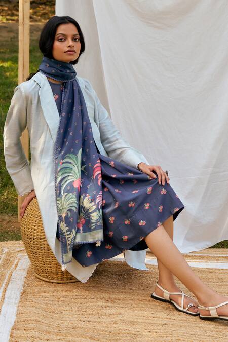 Buy Moh India Blue Chanderi, Cotton Embroidery Round Neck Midnight Long Shirt Dress Online at Aza Fashions Buy_Moh India_Blue Chanderi, Cotton Embroidery Round Neck Midnight Long Shirt Dress _Online_at_Aza_Fashions