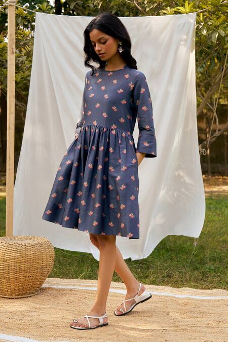 Shop Moh India Blue Chanderi, Cotton Embroidery Round Neck Midnight Long Shirt Dress Online at Aza Fashions Shop_Moh India_Blue Chanderi, Cotton Embroidery Round Neck Midnight Long Shirt Dress _Online_at_Aza_Fashions