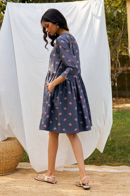 Moh India Blue Chanderi, Cotton Embroidery Round Neck Midnight Long Shirt Dress at Aza Fashions Moh India_Blue Chanderi, Cotton Embroidery Round Neck Midnight Long Shirt Dress _at_Aza_Fashions