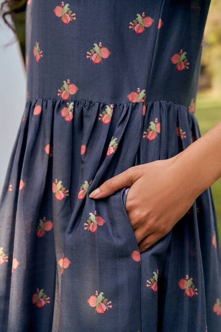 Buy Moh India Blue Chanderi, Cotton Embroidery Round Neck Midnight Long Shirt Dress Buy_Moh India_Blue Chanderi, Cotton Embroidery Round Neck Midnight Long Shirt Dress