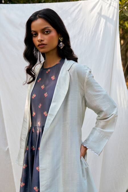 Shop Moh India Blue Chanderi, Cotton Embroidery Round Neck Midnight Long Shirt Dress Shop_Moh India_Blue Chanderi, Cotton Embroidery Round Neck Midnight Long Shirt Dress