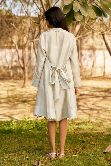 Shop_Moh India_Ivory Chanderi, Cotton Embroidery Round Neck Long Shirt Dress _at_Aza_Fashions