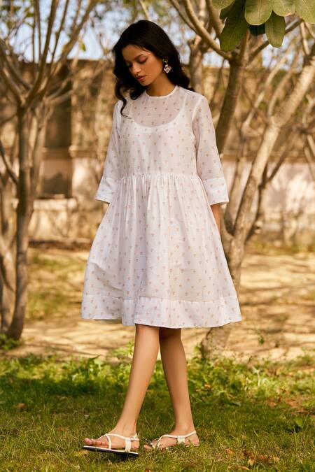 Moh India_Ivory Chanderi, Cotton Embroidery Round Neck Long Shirt Dress _Online_at_Aza_Fashions