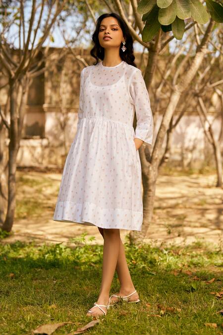 Buy_Moh India_Ivory Chanderi, Cotton Embroidery Round Neck Long Shirt Dress _Online_at_Aza_Fashions