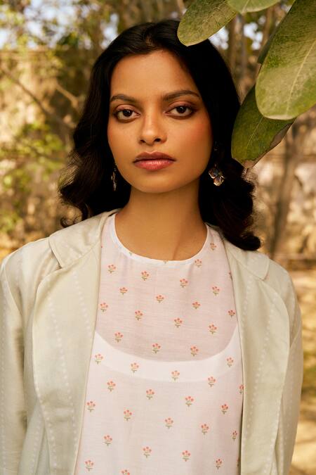 Shop_Moh India_Ivory Chanderi, Cotton Embroidery Round Neck Long Shirt Dress _Online_at_Aza_Fashions