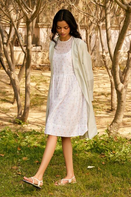 Moh India_Ivory Chanderi, Cotton Embroidery Round Neck Long Shirt Dress _at_Aza_Fashions