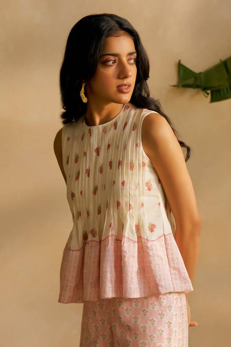 Moh India Ivory Chanderi Silk Embroidery Round Neck Rouge Mist Palm Co-ord Set Online at Aza Fashions Moh India_Ivory Chanderi Silk Embroidery Round Neck Rouge Mist Palm Co-ord Set _Online_at_Aza_Fashions