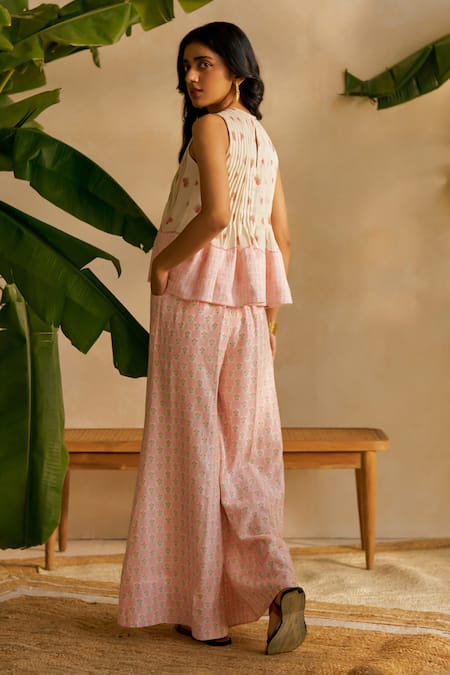 Shop Moh India Ivory Chanderi Silk Embroidery Round Neck Rouge Mist Palm Co-ord Set at Aza Fashions Shop_Moh India_Ivory Chanderi Silk Embroidery Round Neck Rouge Mist Palm Co-ord Set _at_Aza_Fashions