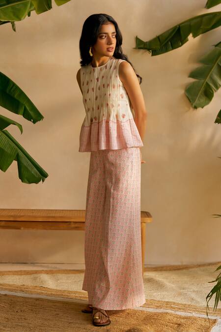 Shop Moh India Ivory Chanderi Silk Embroidery Round Neck Rouge Mist Palm Co-ord Set Online at Aza Fashions Shop_Moh India_Ivory Chanderi Silk Embroidery Round Neck Rouge Mist Palm Co-ord Set _Online_at_Aza_Fashions