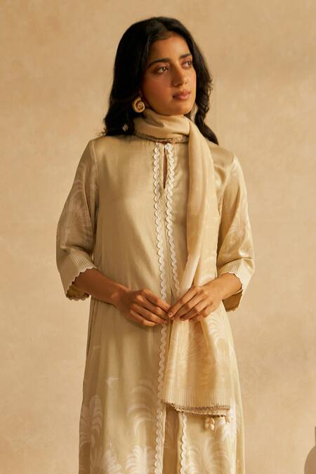 Moh India Beige Chanderi Silk Embroidery Mandarin Collar Palm Royale Co-ord Set Online at Aza Fashions Moh India_Beige Chanderi Silk Embroidery Mandarin Collar Palm Royale Co-ord Set _Online_at_Aza_Fashions