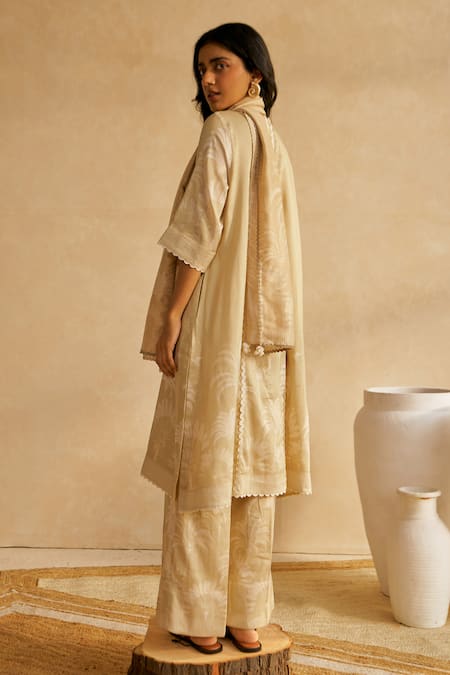 Shop Moh India Beige Chanderi Silk Embroidery Mandarin Collar Palm Royale Co-ord Set at Aza Fashions Shop_Moh India_Beige Chanderi Silk Embroidery Mandarin Collar Palm Royale Co-ord Set _at_Aza_Fashions