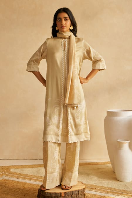 Shop Moh India Beige Chanderi Silk Embroidery Mandarin Collar Palm Royale Co-ord Set Online at Aza Fashions Shop_Moh India_Beige Chanderi Silk Embroidery Mandarin Collar Palm Royale Co-ord Set _Online_at_Aza_Fashions