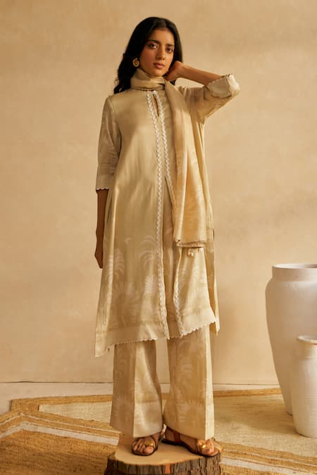 Moh India Beige Chanderi Silk Embroidery Mandarin Collar Palm Royale Co-ord Set at Aza Fashions Moh India_Beige Chanderi Silk Embroidery Mandarin Collar Palm Royale Co-ord Set _at_Aza_Fashions