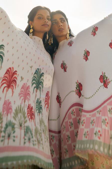 Buy_Moh India_Ivory Polyester Round Neck Pleated Long Kaftan Cape _Online_at_Aza_Fashions